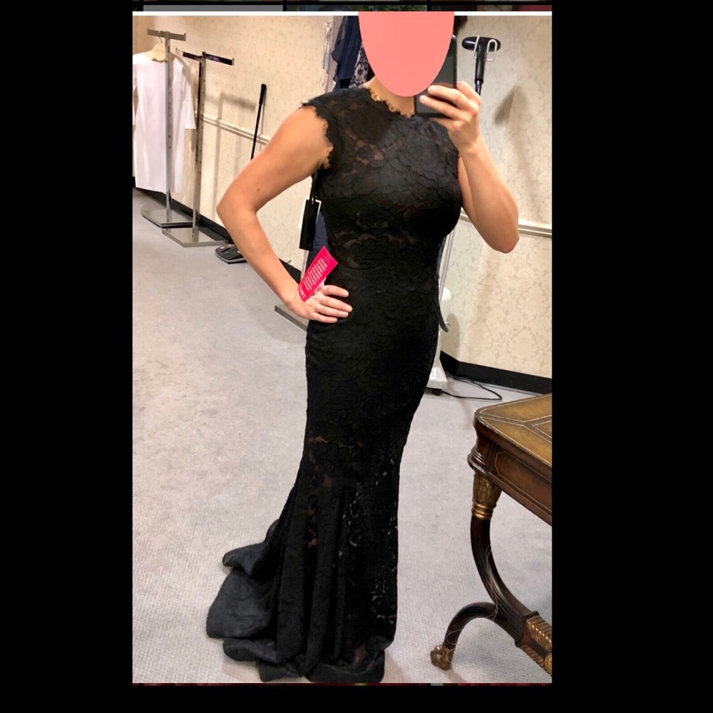 Betsy & Adam black lace, mermaid, formal gown